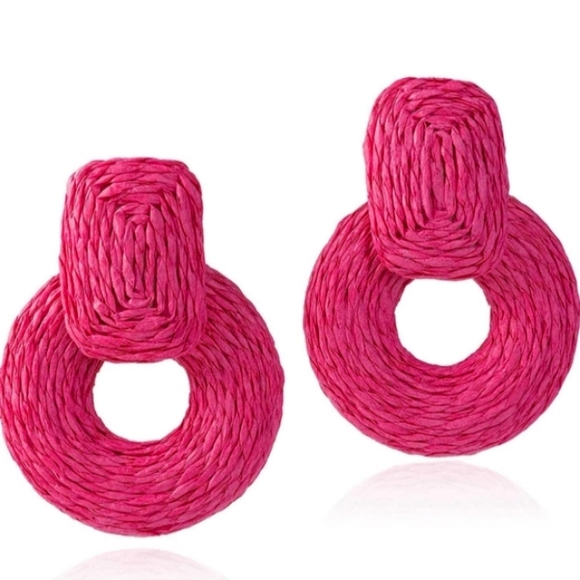 Chunky Dark Pink Rattan Earrings Wicker Door Knocker Bold Statement Raffia New - Picture 3 of 8